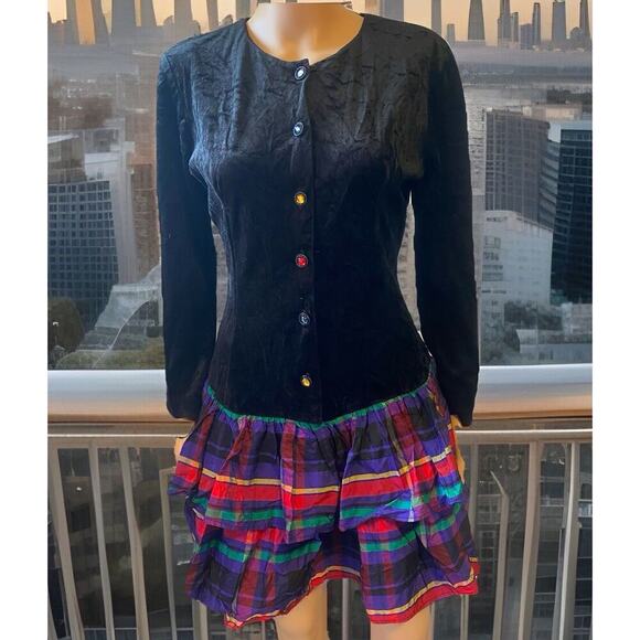 Vintage 90s ByerToo! Women Dress 7/M Black Velvet Multicolor Ruffle Skirt Retro - Picture 1 of 13